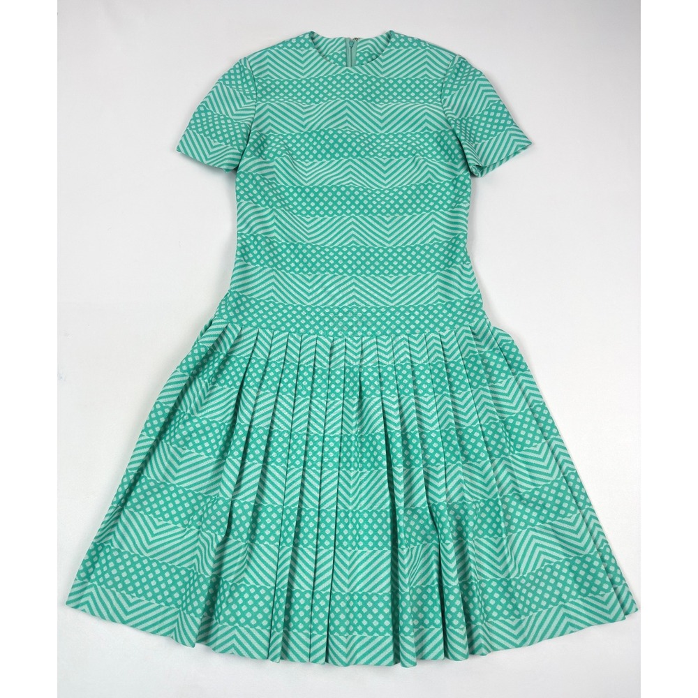 Carlye‎ Vintage Pleated Dress Geometric Print Short Sleeve Green Mod Size 6?
